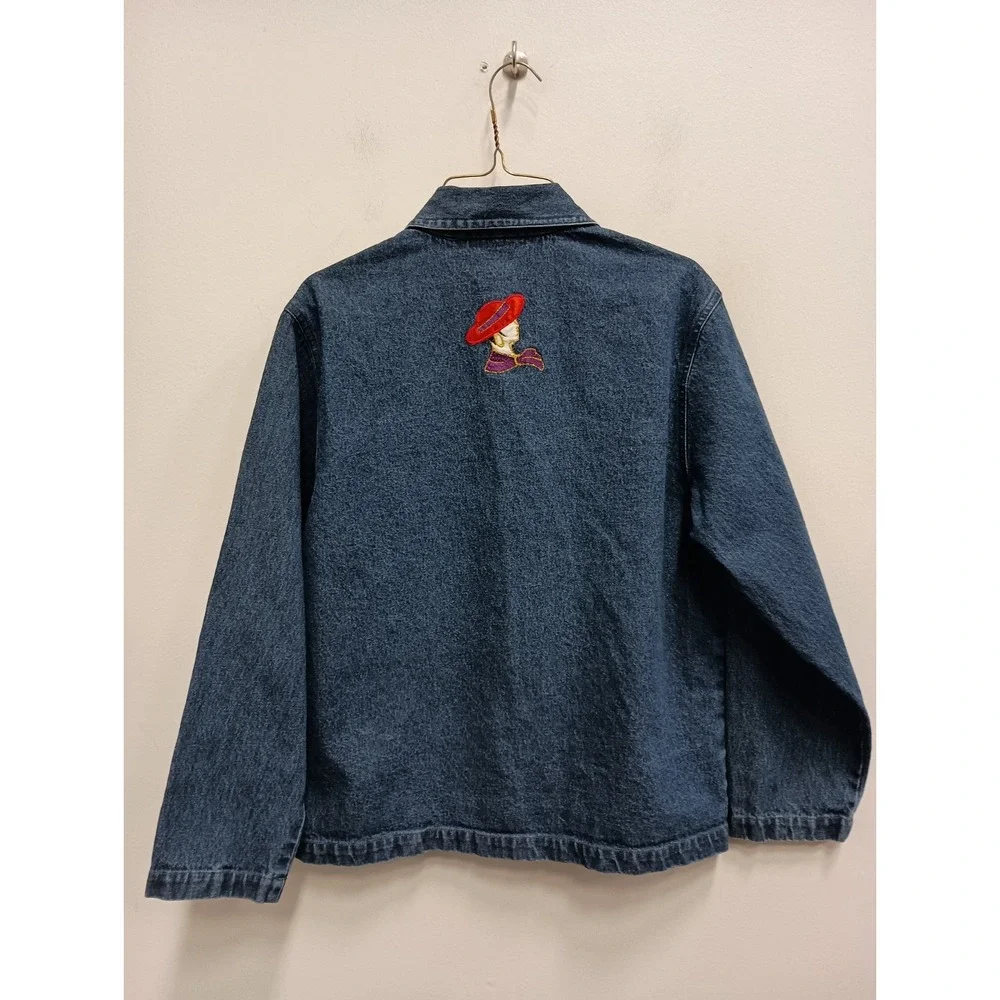 VTG 90s Keren Hart  Denim Jacket Womens Medium Blue Red Hat Embroidered Artsy